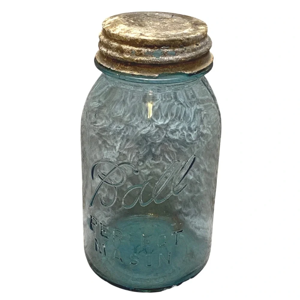 Antique Blue Glass‎ Ball Mason Jar Zinc Lid Stamped 8 on Bottom