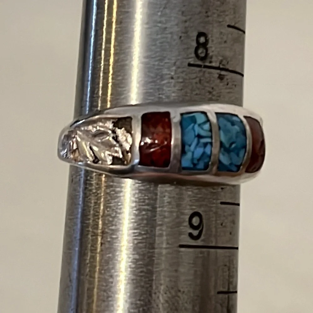 Unmarked Native American silver turquoise coral feather ring size 8.5