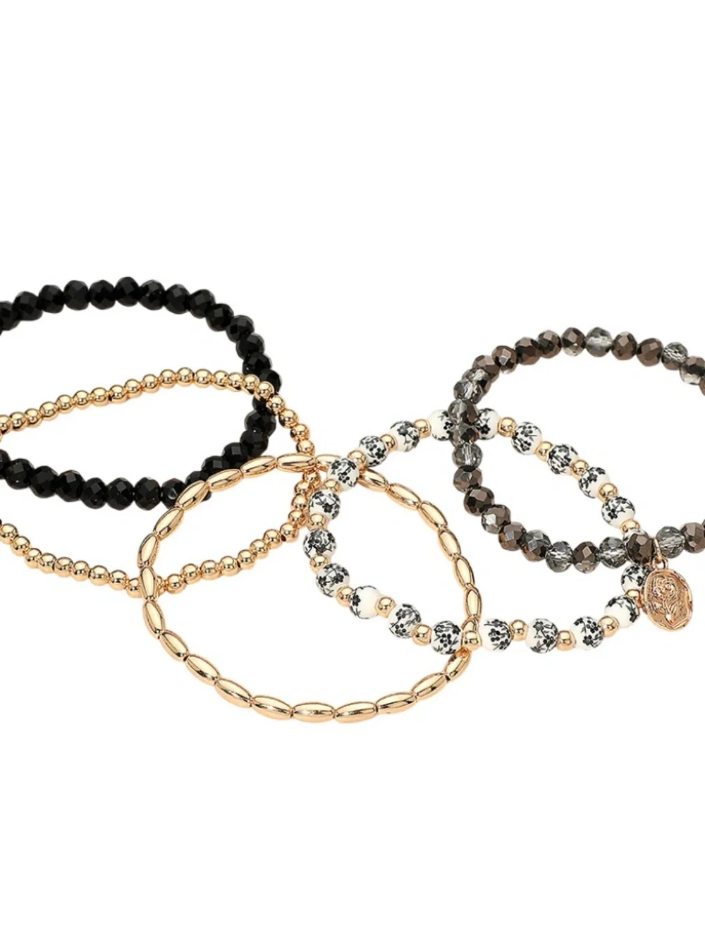 5PC Flower Charm Beaded Stretch Bracelet Stack Boho Layered Gold Tone