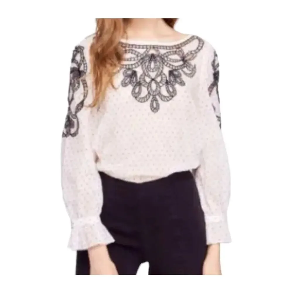 Free People Everything I Know Cotton‎ Peasant Blouse Embroidered Cutouts Medium
