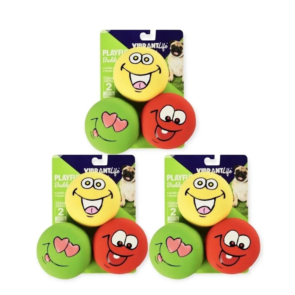 Lot of (34) - 3 Pack Vibrant Life Playful Emoticon Squeeky Rubber Dog Chew Toys