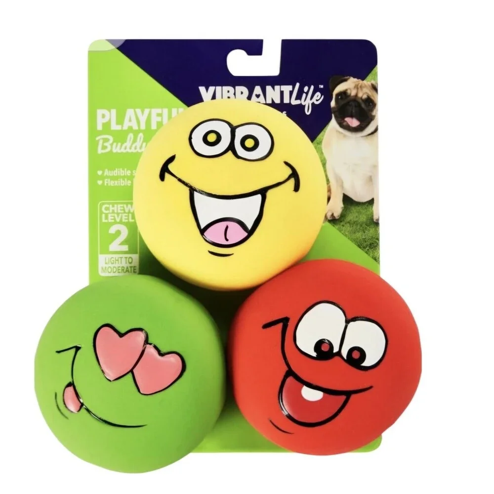 (34) - 3 Pack Vibrant Life Playful Emoticon Squeeky Rubber Latex Dog Chew Toys