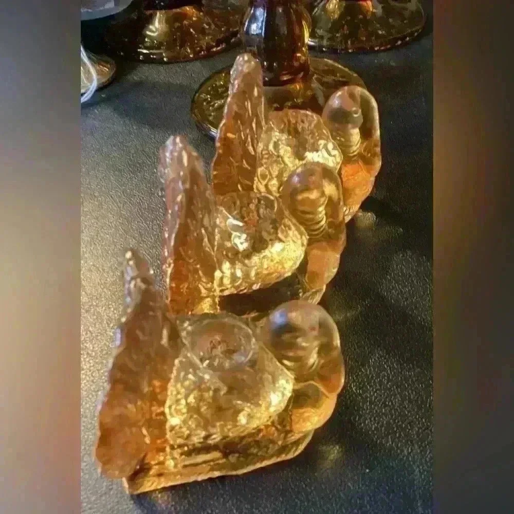williams sonoma SET OF 3 AMBER GLASS TURKEY small taper holders 2