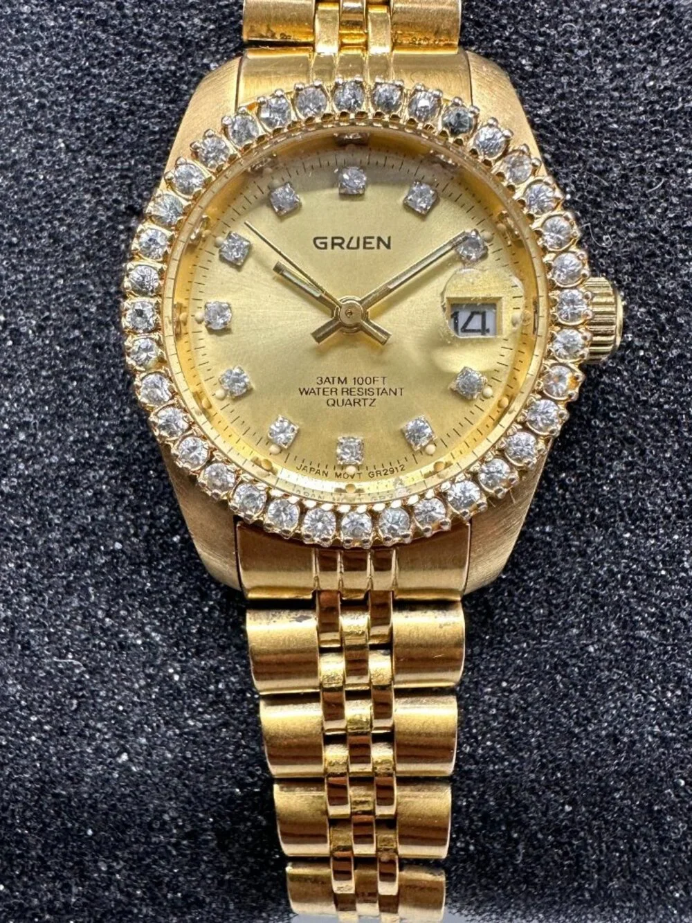 Gruen Watch Women Gold Tone Crystal Bezel Not Working Selling AS IS 7.25