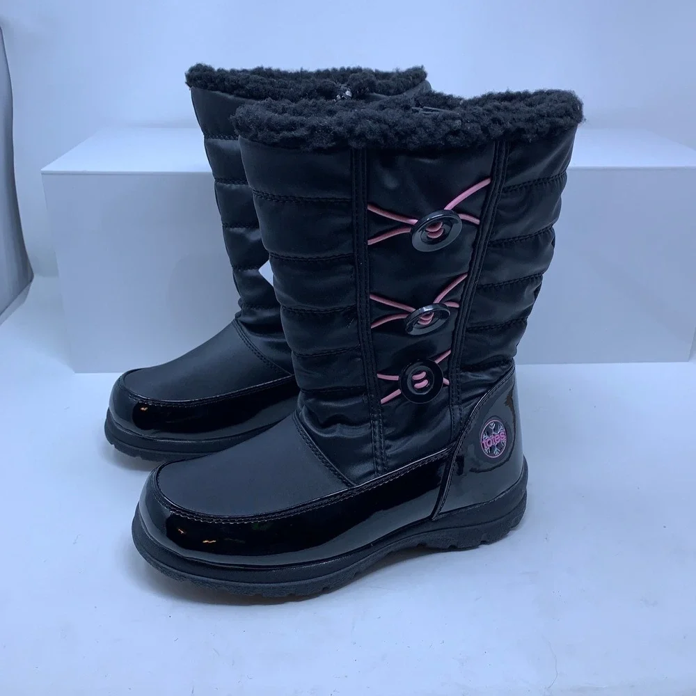 Totes Girls Size 4 Black Pink Dana Thermolite Faux Fur Quilted Winter Boots NWT