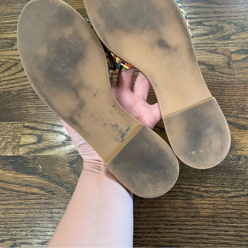 TORY BURCH Ines Woven Raffia Straw & Leather Logo Slip On Sandals