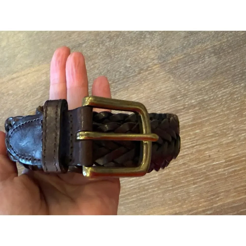 L.L. BEAN Brown Leather Braided Belt Men size 46 Brass Buckle L L Bean