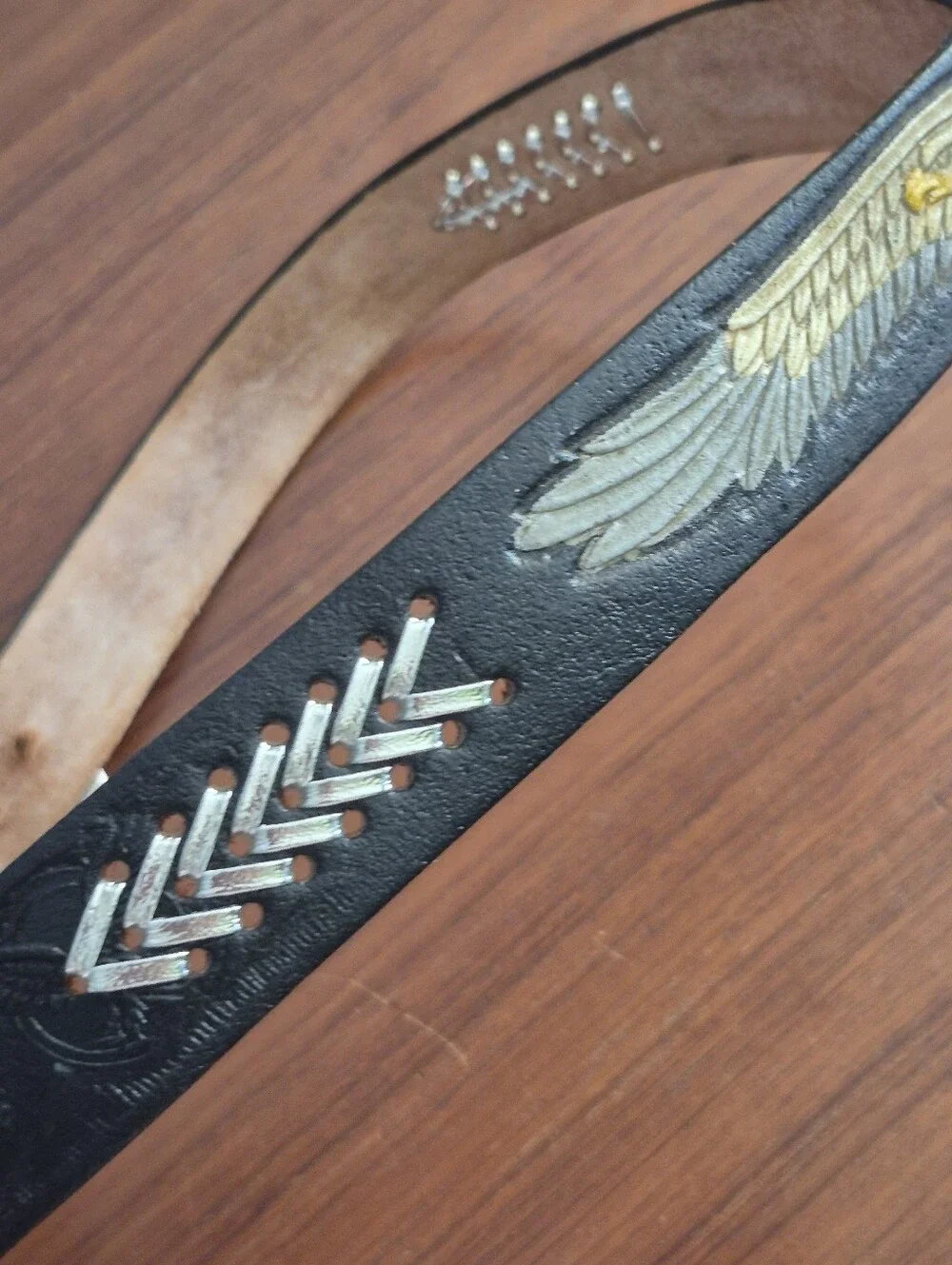 Vintage Black Leather Belt Embossed Eagle 38