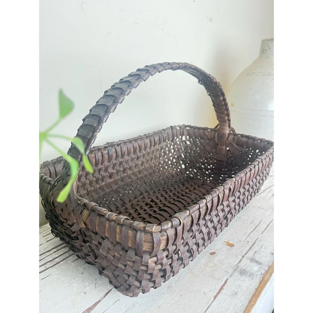 Antique Primitive Gathering Basket Dark Brown Woven Wicker Rectangular Rustic