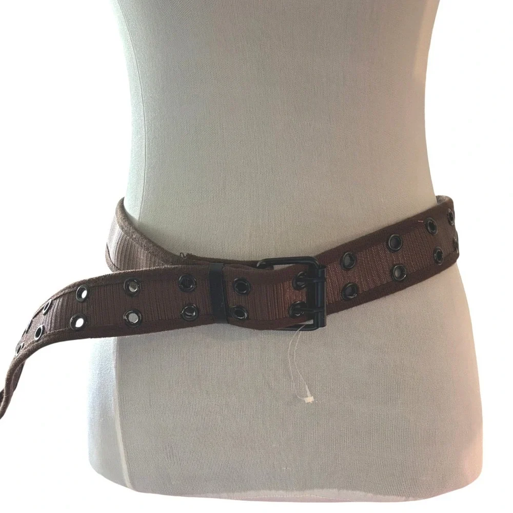 Brown Canvas Double Grommet Web Belt Matte Black Buckle Streetwear SX 890