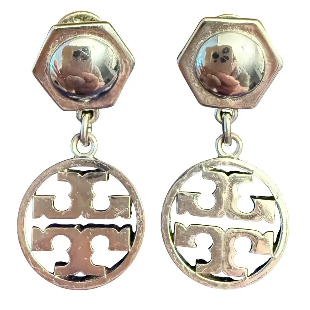 Tory Burch Hexagonal Logo Circle Drop Earrings Silver Tone Jewelry 1.5
