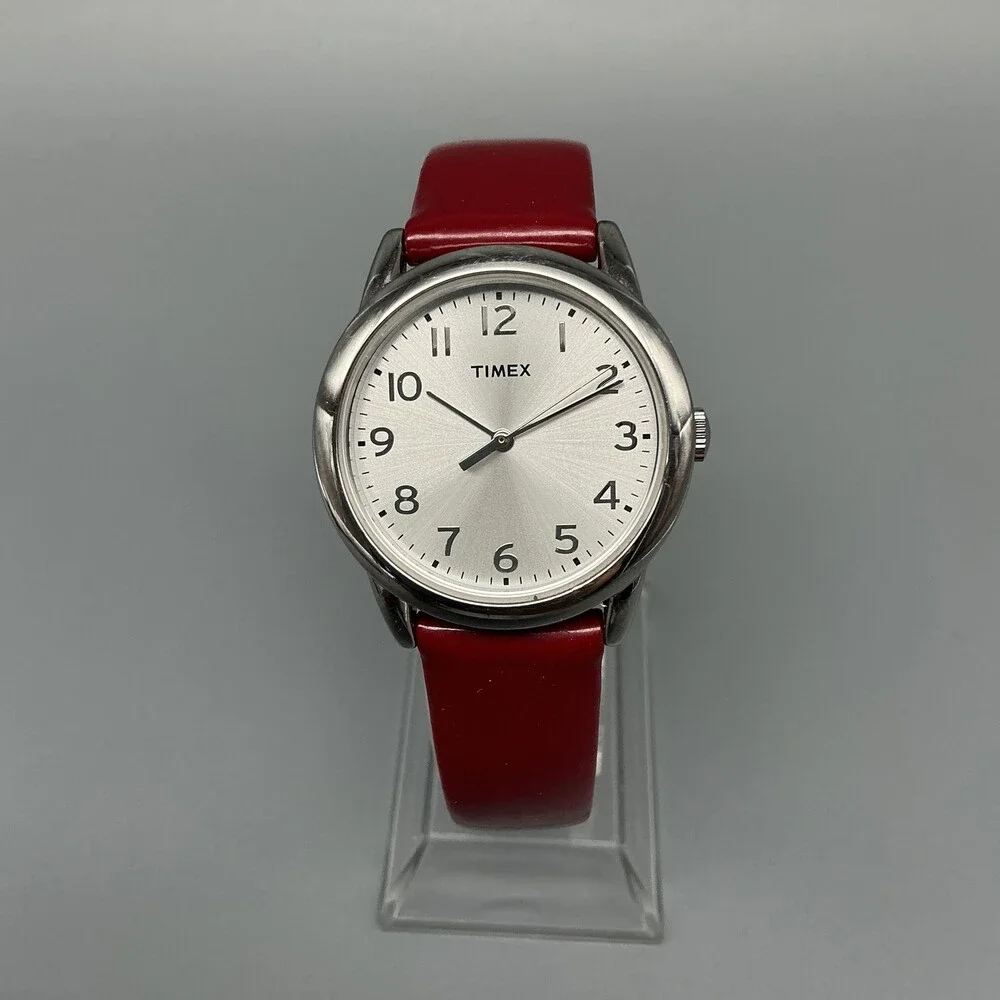 Timex Easy Reader Womens Watch 31mm Silver Tone Red Leather Band New Battery