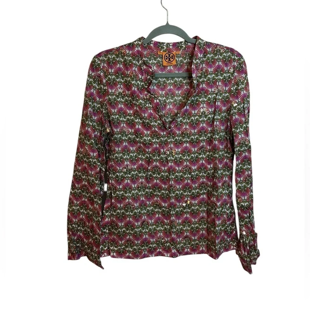 Tory Burch Pink Green Floral-Print Long Sleeve Tunic
