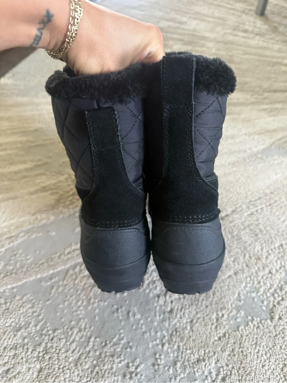 Lands' End black winter boots Quilted Suede rubber lace up pull on fur 10.5