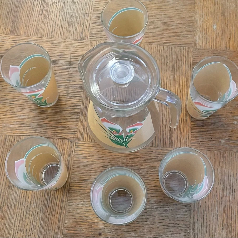 NWT Alpine Cuisine 7 pieces floral glass drinkware set: pitcher & 6 glasses