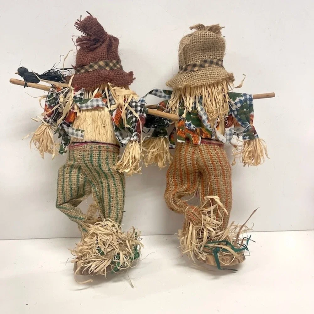 Rustic Fall Harvest Scarecrow Figurines Set of 2 Burlap Raffia Decor 12 Inch