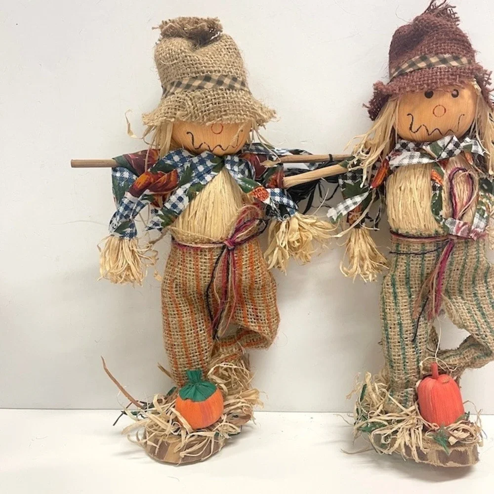 Rustic Fall Harvest Scarecrow Figurines Set of 2 Burlap Raffia Decor 12 Inch
