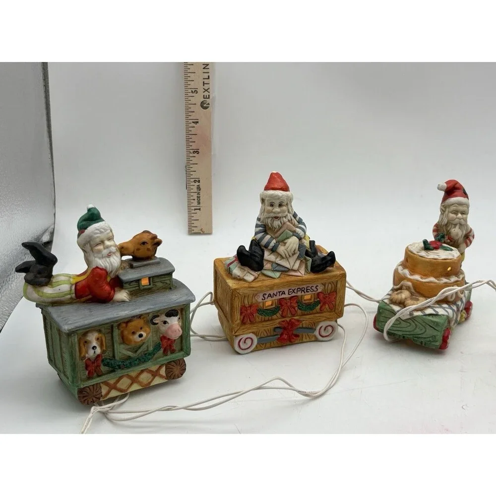 Vintage Santa Elf Christmas Lighted Train Set 5 Pc Ceramic Bisque w/ Box Works