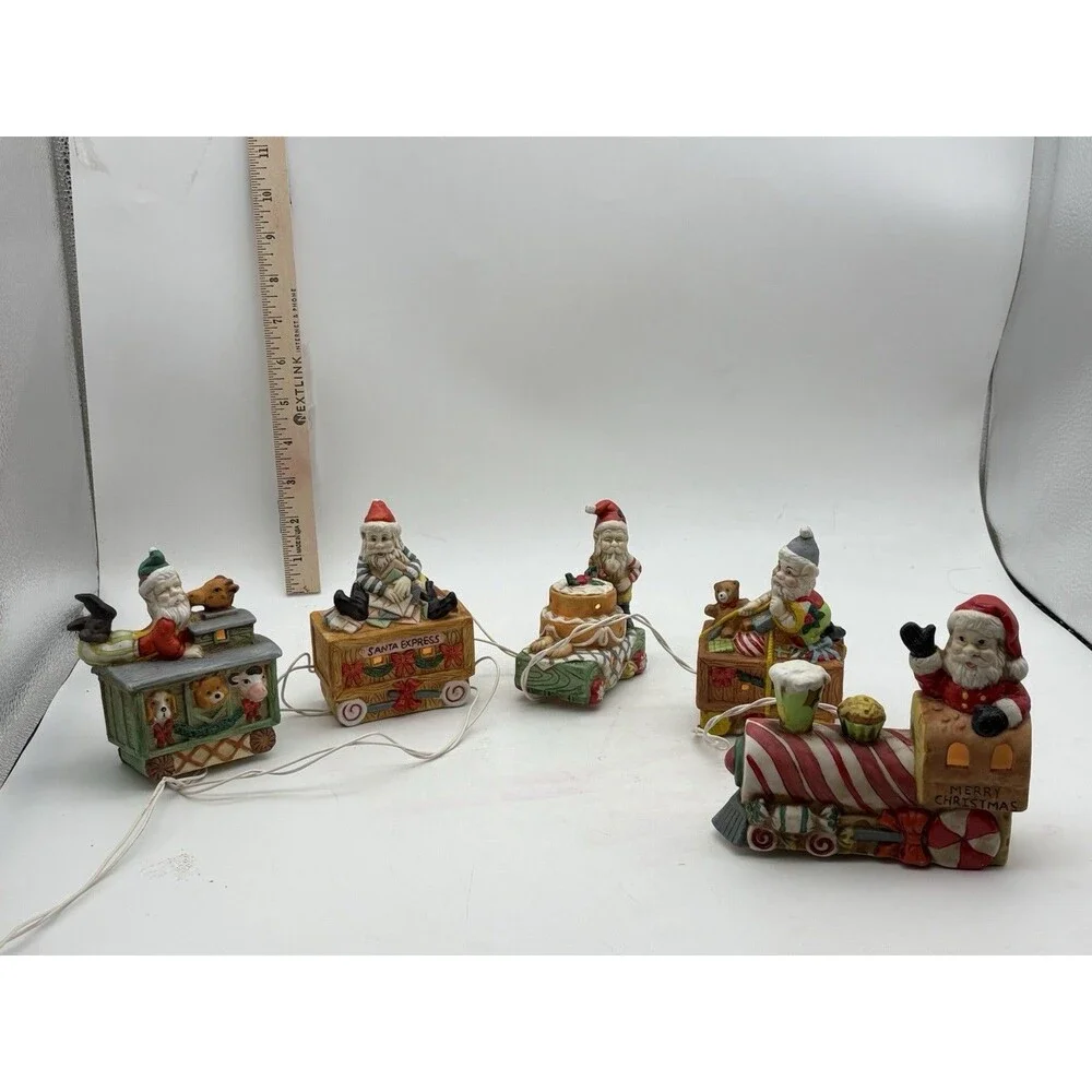 Vintage Santa Elf Christmas Lighted Train Set 5 Pc Ceramic Bisque w/ Box Works