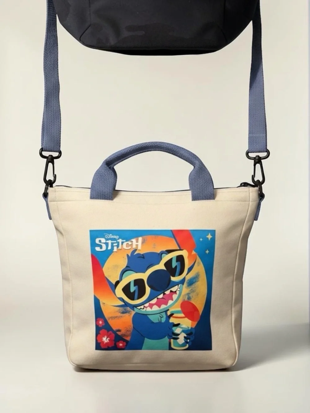 Disney Stitch Canvas Tote with Blue Handles and Strap
