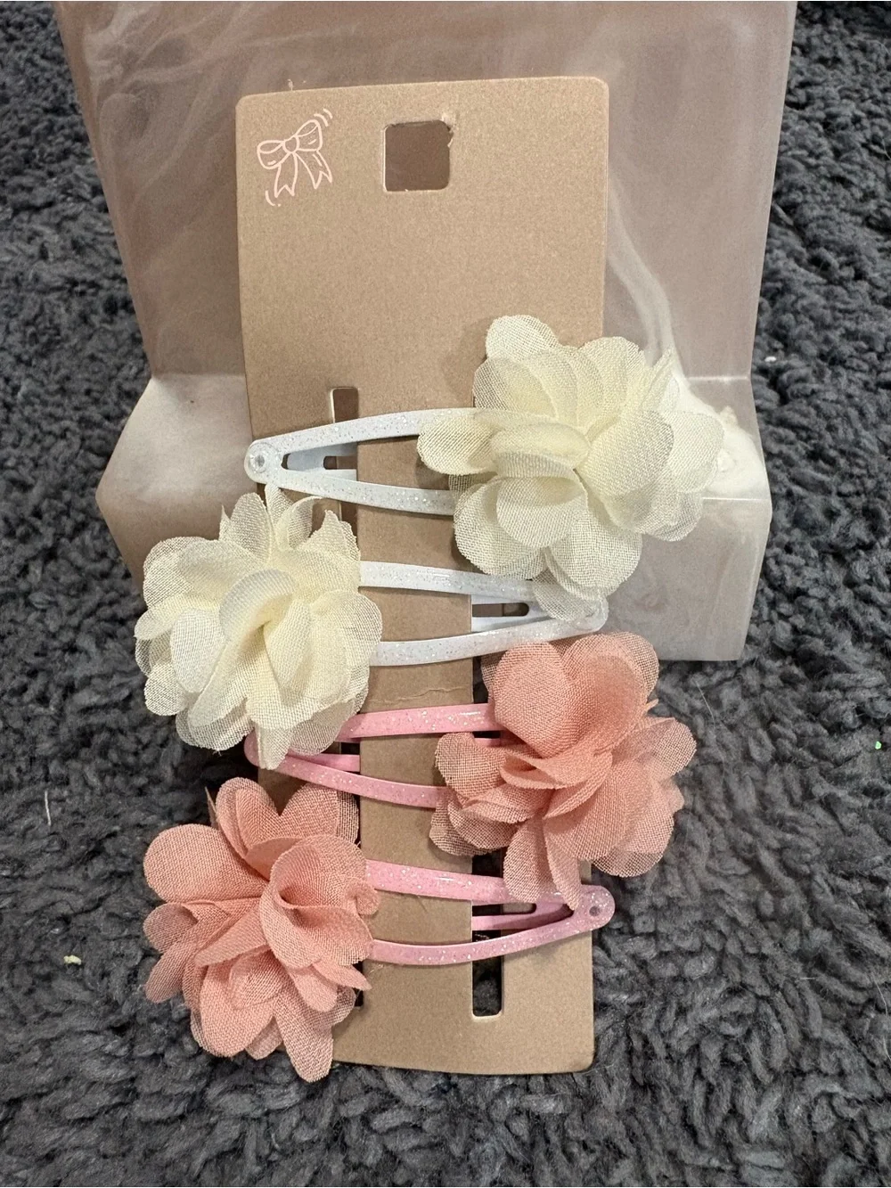 NWT set of 4 puffy flower barrettes - 2 white, and 2 pink