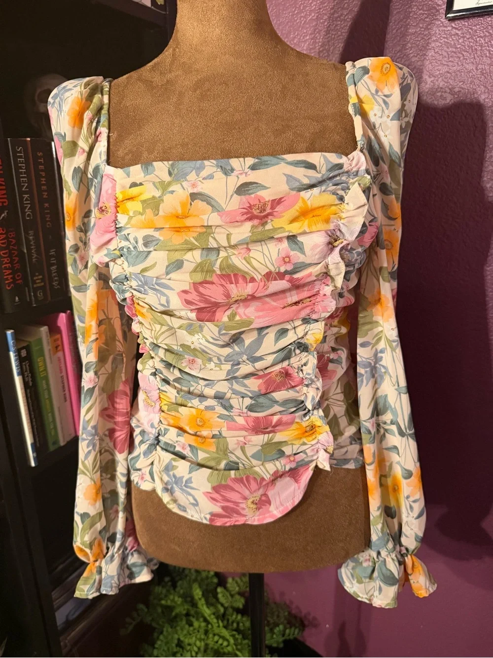 Floral Ruched Square-Neck Long Sleeve milkmaid style top