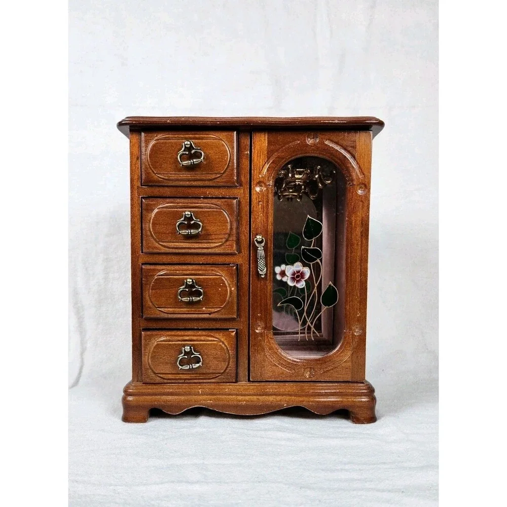 Vintage Taiwan Wooden Jewelry Box Floral Glass Door 4 Drawer Armoire 1970’s