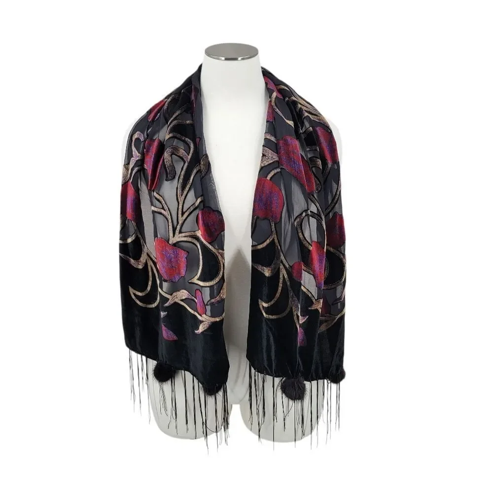Burnout Velvet Black and Red Floral Scarf with Genuine Fur Pompoms