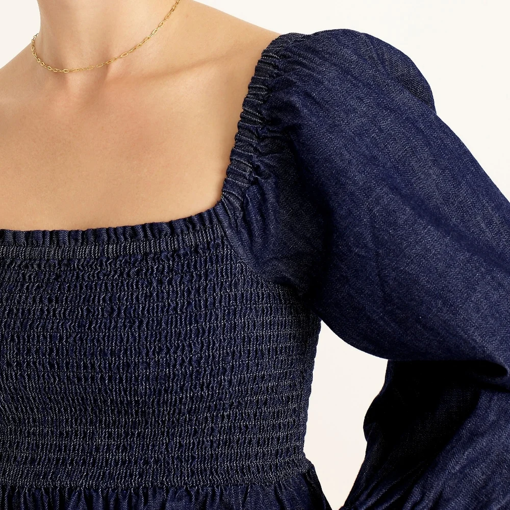 New! J. Crew sz Small S Denim Chambray Smocked Puff Long Sleeve Top NWT