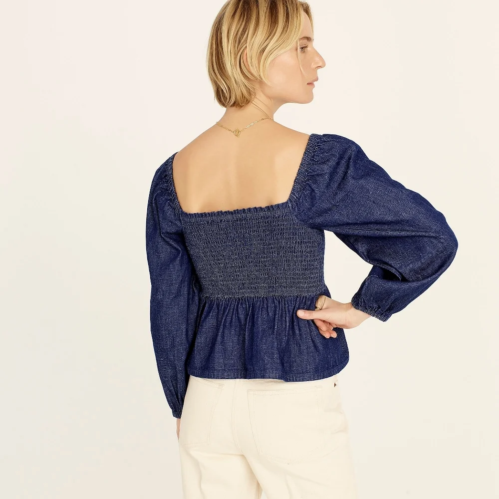 New! J. Crew sz Small S Denim Chambray Smocked Puff Long Sleeve Top NWT