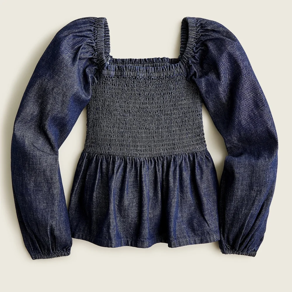 New! J. Crew sz Small S Denim Chambray Smocked Puff Long Sleeve Top NWT