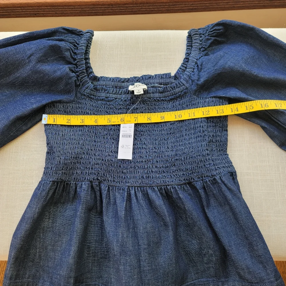 New! J. Crew sz Small S Denim Chambray Smocked Puff Long Sleeve Top NWT