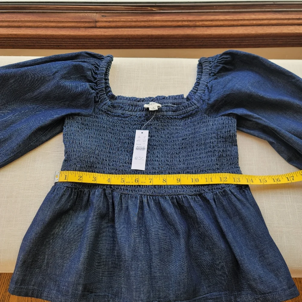 New! J. Crew sz Small S Denim Chambray Smocked Puff Long Sleeve Top NWT