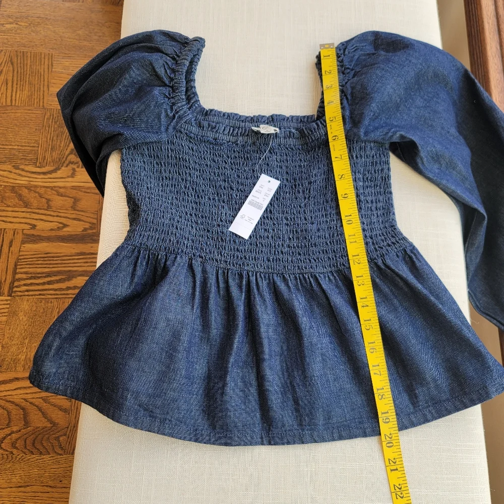 New! J. Crew sz Small S Denim Chambray Smocked Puff Long Sleeve Top NWT