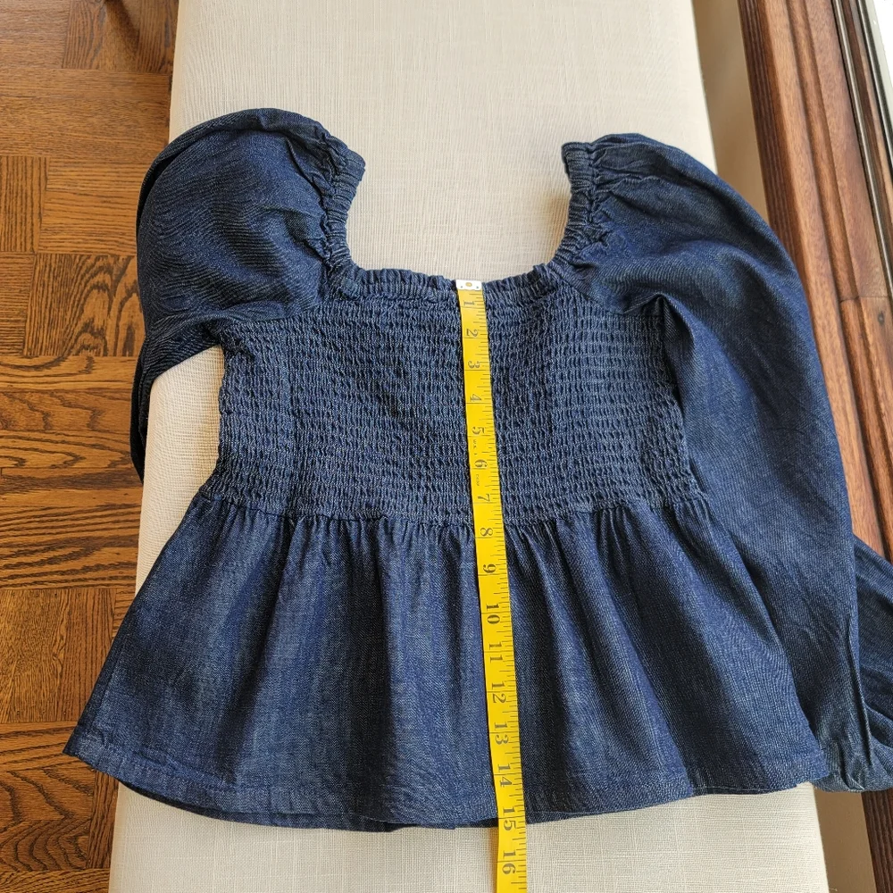 New! J. Crew sz Small S Denim Chambray Smocked Puff Long Sleeve Top NWT