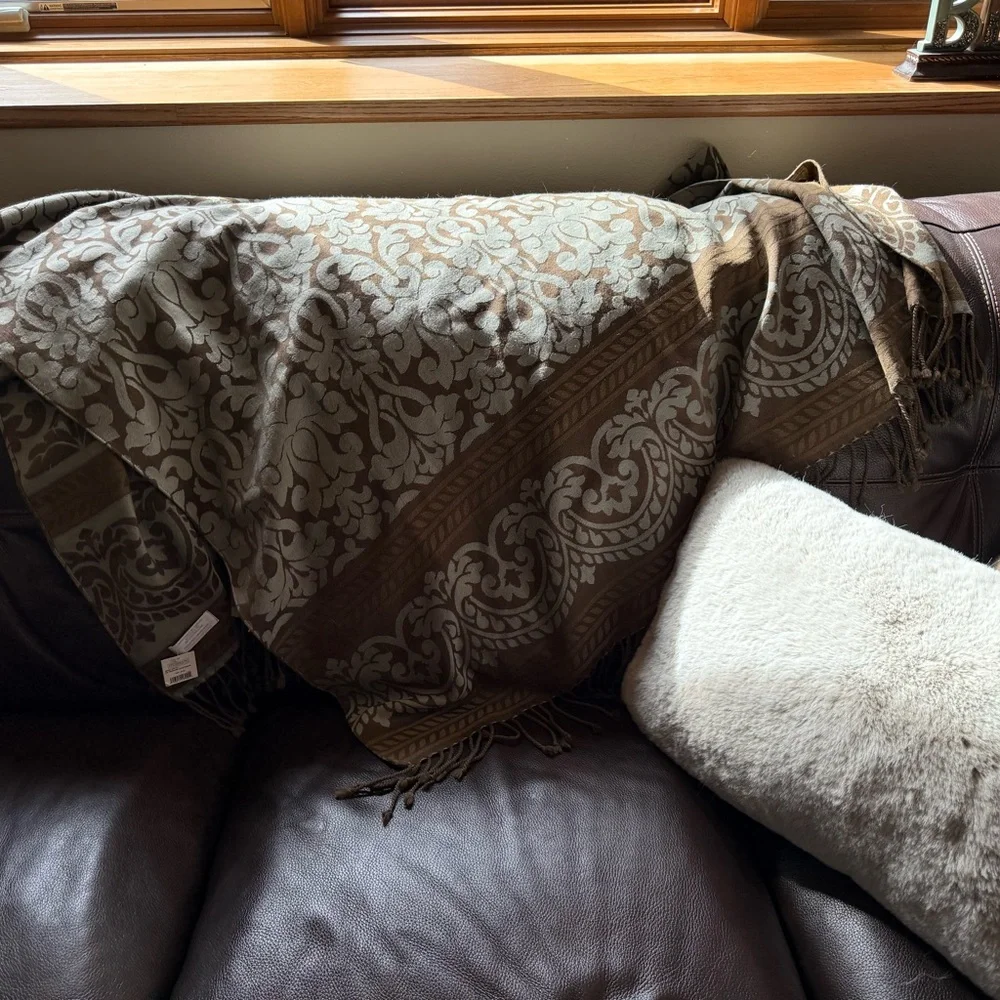 Restoration Hardware Bedford Lava Wool Blend Throw Blanket Damask Fringe RH