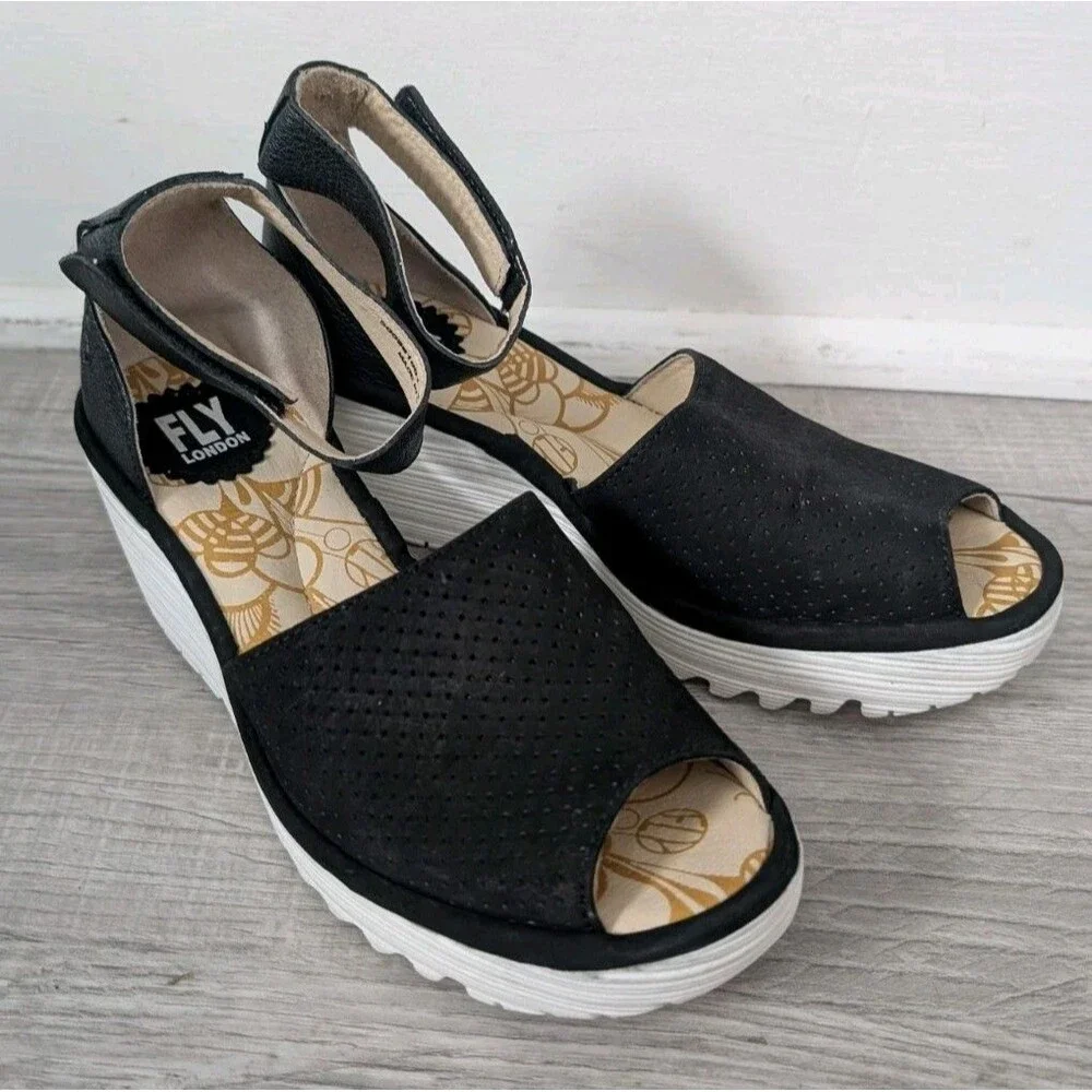 Fly London Yake Perforated Leather Wedge Sandals Black White Women's Sz 43 US 12