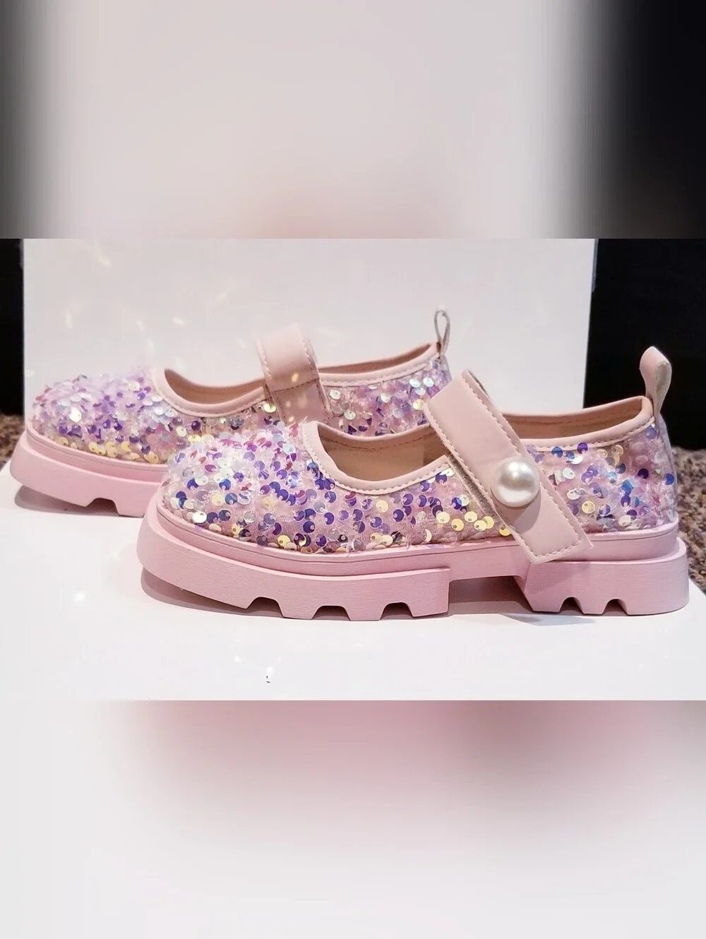 SHEIN Pink Sequin Strap Chunky Shoes