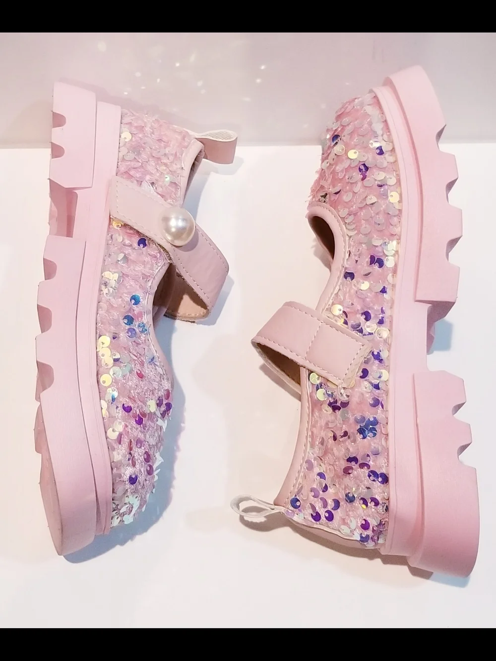 SHEIN Pink Sequin Strap Chunky Shoes