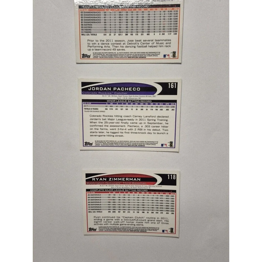 2012 Topps Chrome Baseball Card Lot Ryan Zimmerman Jordan Pacheco Jose Valverde