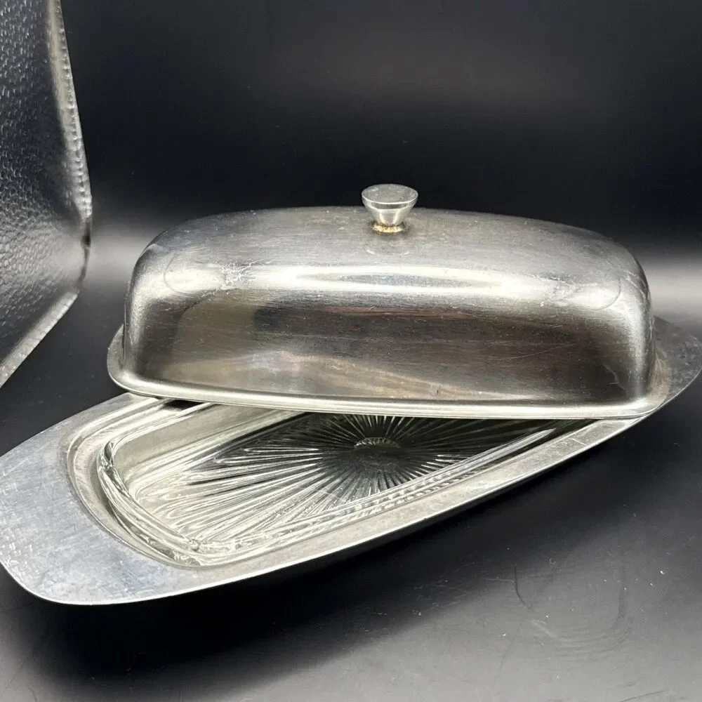 3 Piece Stainless Steel Covered Butter Dish Glass Insert/lid Mid century Modern