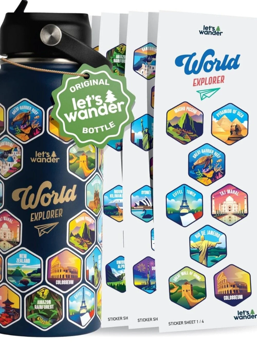New! LET'S WANDER World Explorer Adventure Water Bottle Blue 50 Stickers 32 Oz