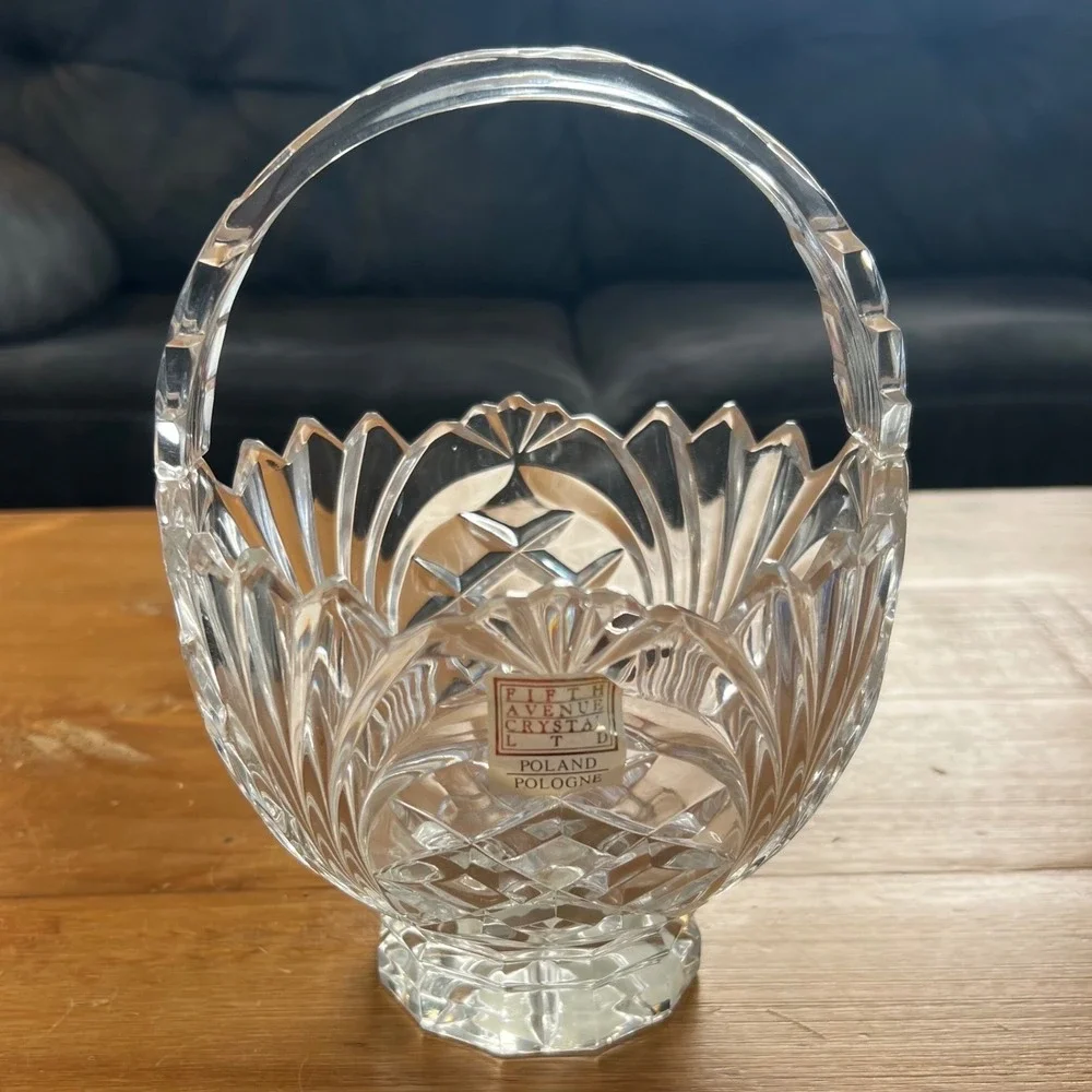 Fifth Avenue Cut Lead Crystal Poland Basket Handle‎ Bowl Candy Dish Elegant