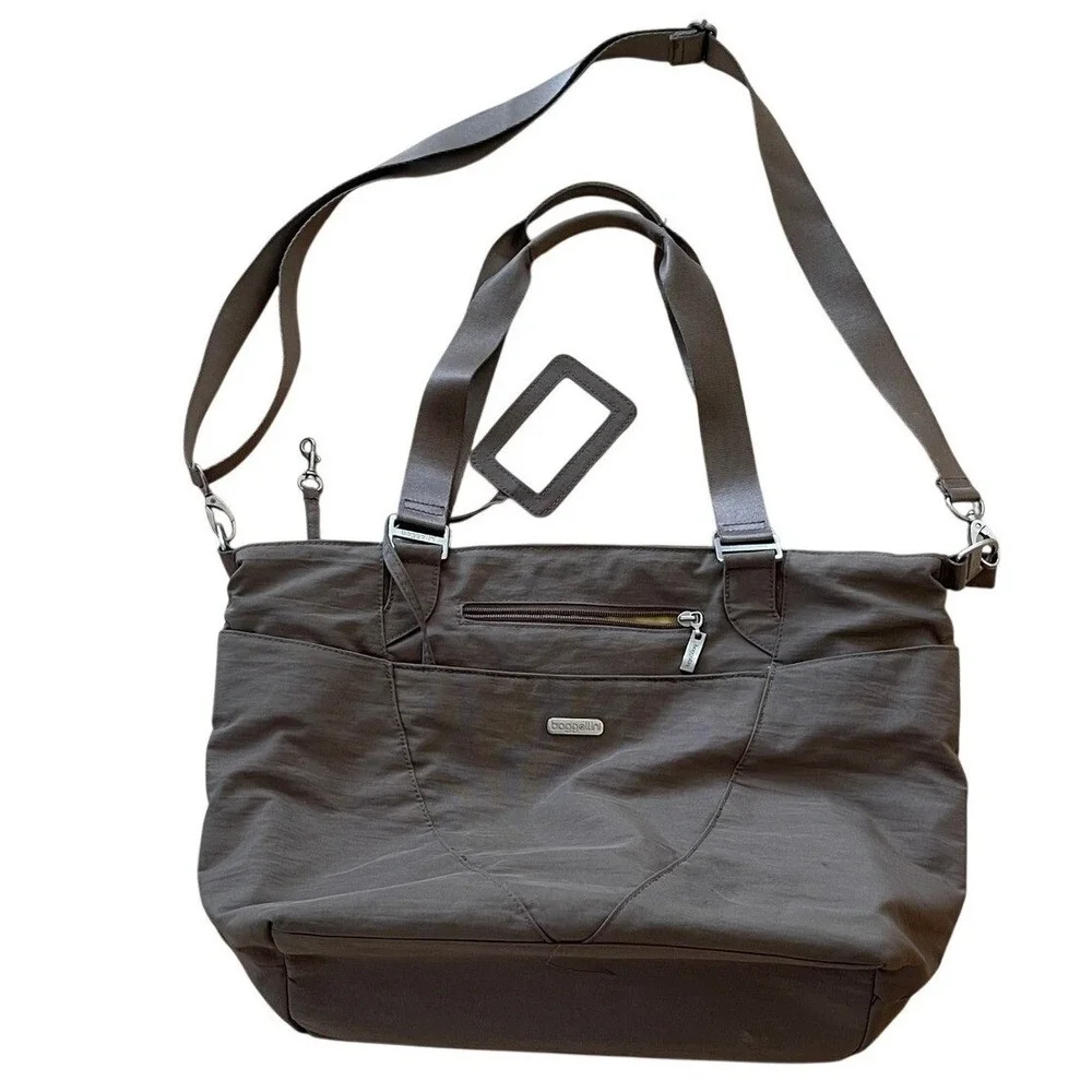 Baggallini Mushroom Brown Nylon Laptop Tote Bag‎ Crossbody Travel Work Bag