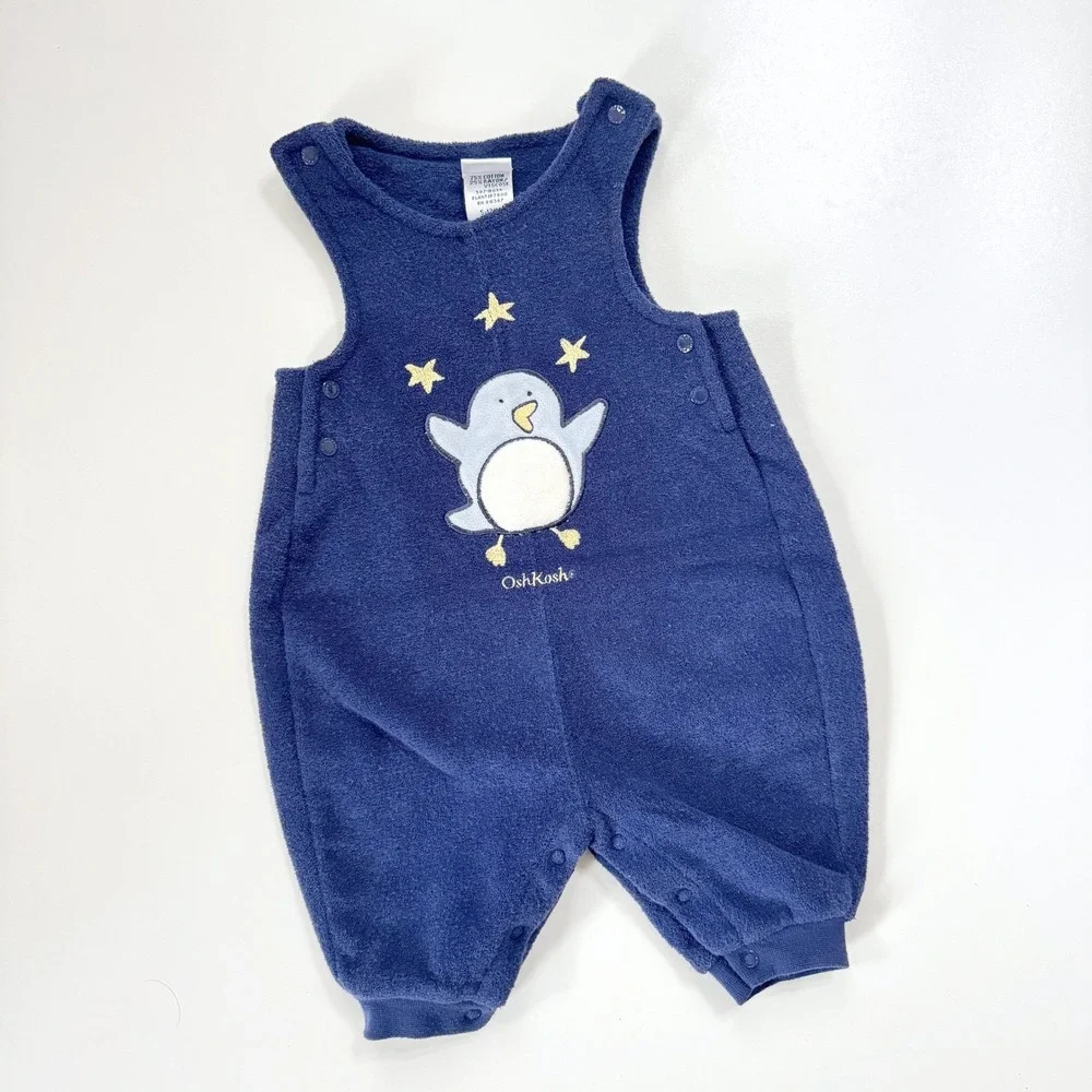 Vintage 90's OshKosh B'gosh Fleece Romper Overalls‎ Navy Blue Penguin 0-3 Months