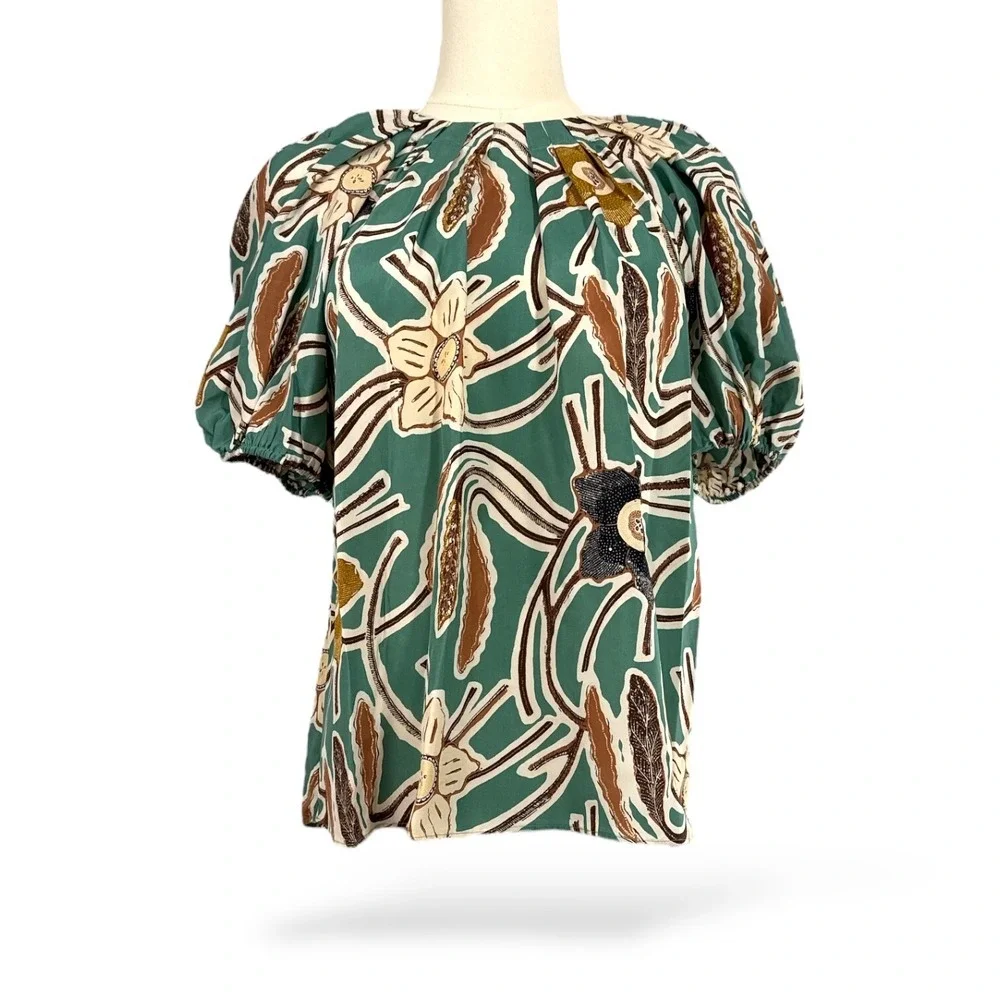 Ulla Johnson Jamilah Puff Short Sleeve‎ Silk Blouse Topaz-Navy-Tan Sz 2  EUC