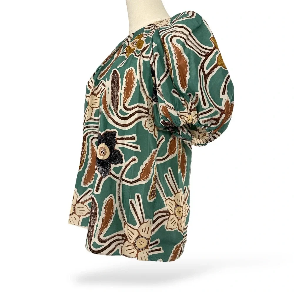 Ulla Johnson Jamilah Puff Short Sleeve‎ Silk Blouse Topaz-Navy-Tan Sz 2  EUC