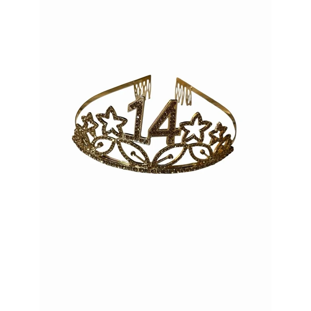 Gold 14th Birthday Tiara-Rhinestone Star‎ Princess Crown For 15th Bday