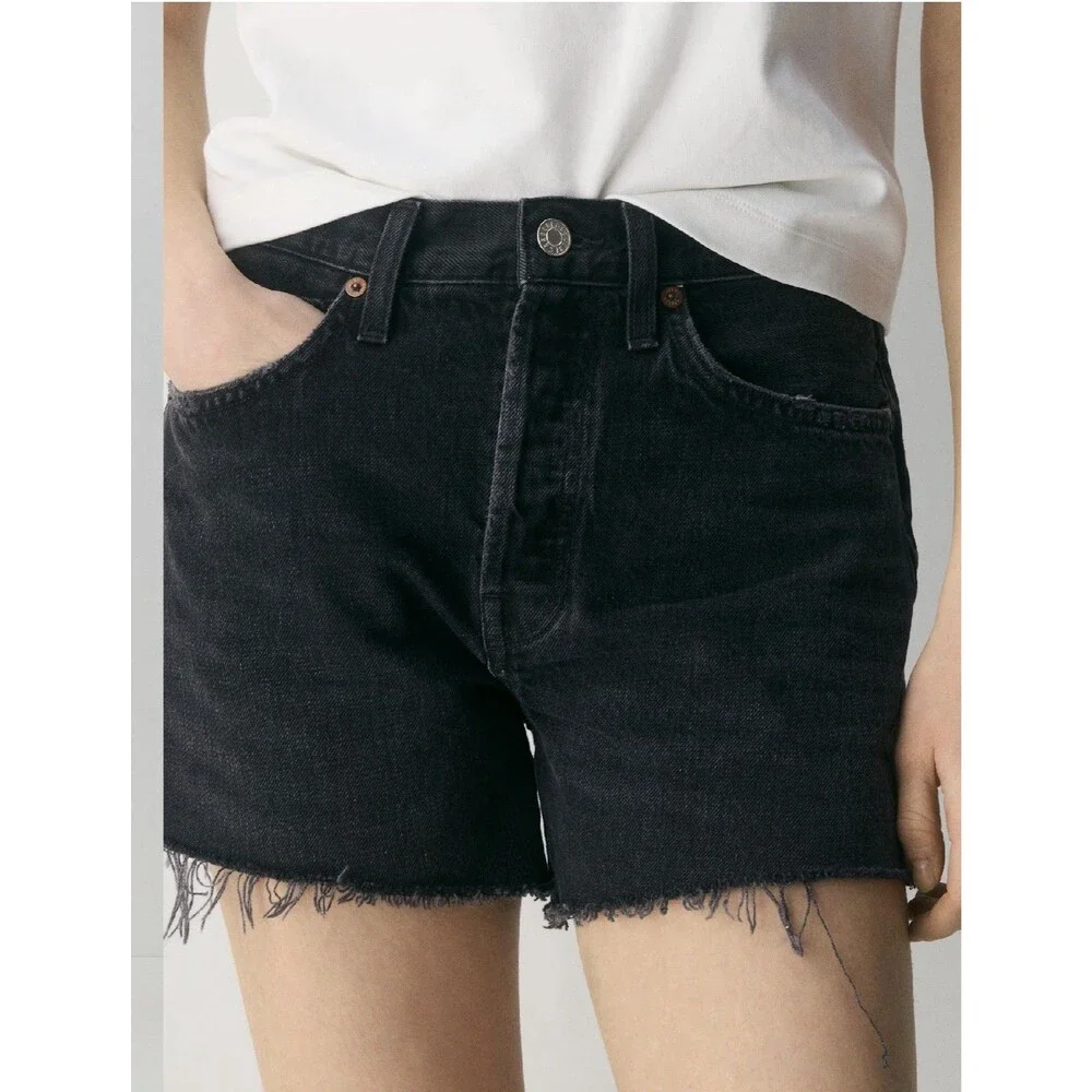 AGOLDE Parker Long Black Denim High Rise Fray Hem Jean Shorts Women’s Size 33