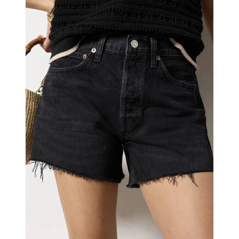 AGOLDE Parker Long Black Denim High Rise Fray Hem Jean Shorts Women’s Size 33